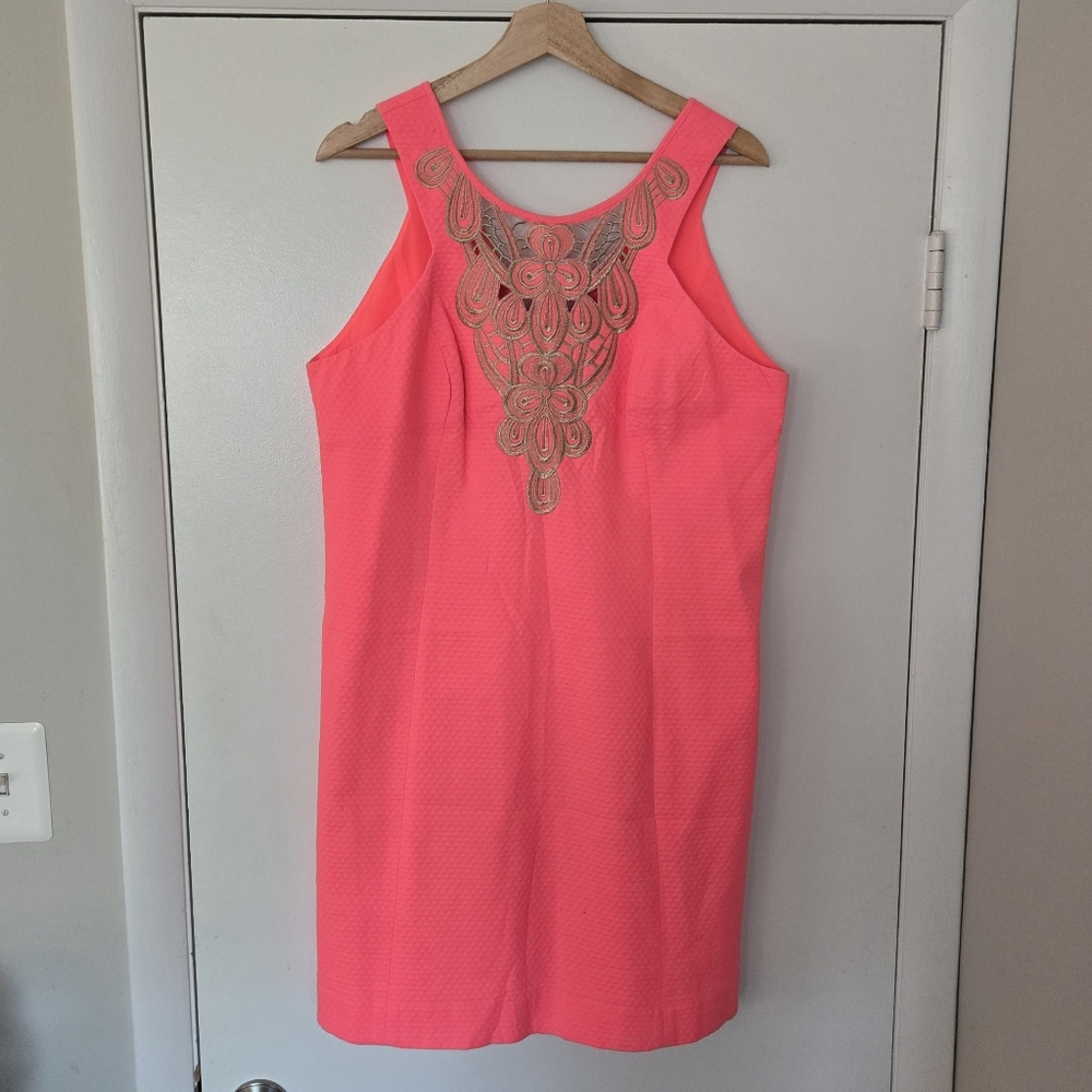 Lilly Pulitzer Neon Coral Mini Dress with Gold Embellished Neckline